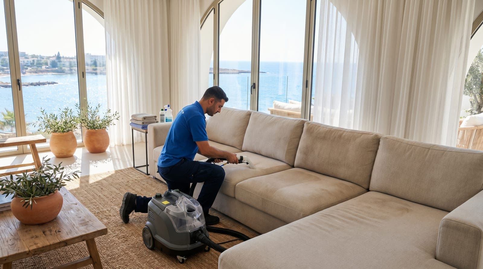 Professional upholstery cleaning service in Paphos inside a modern coastal home