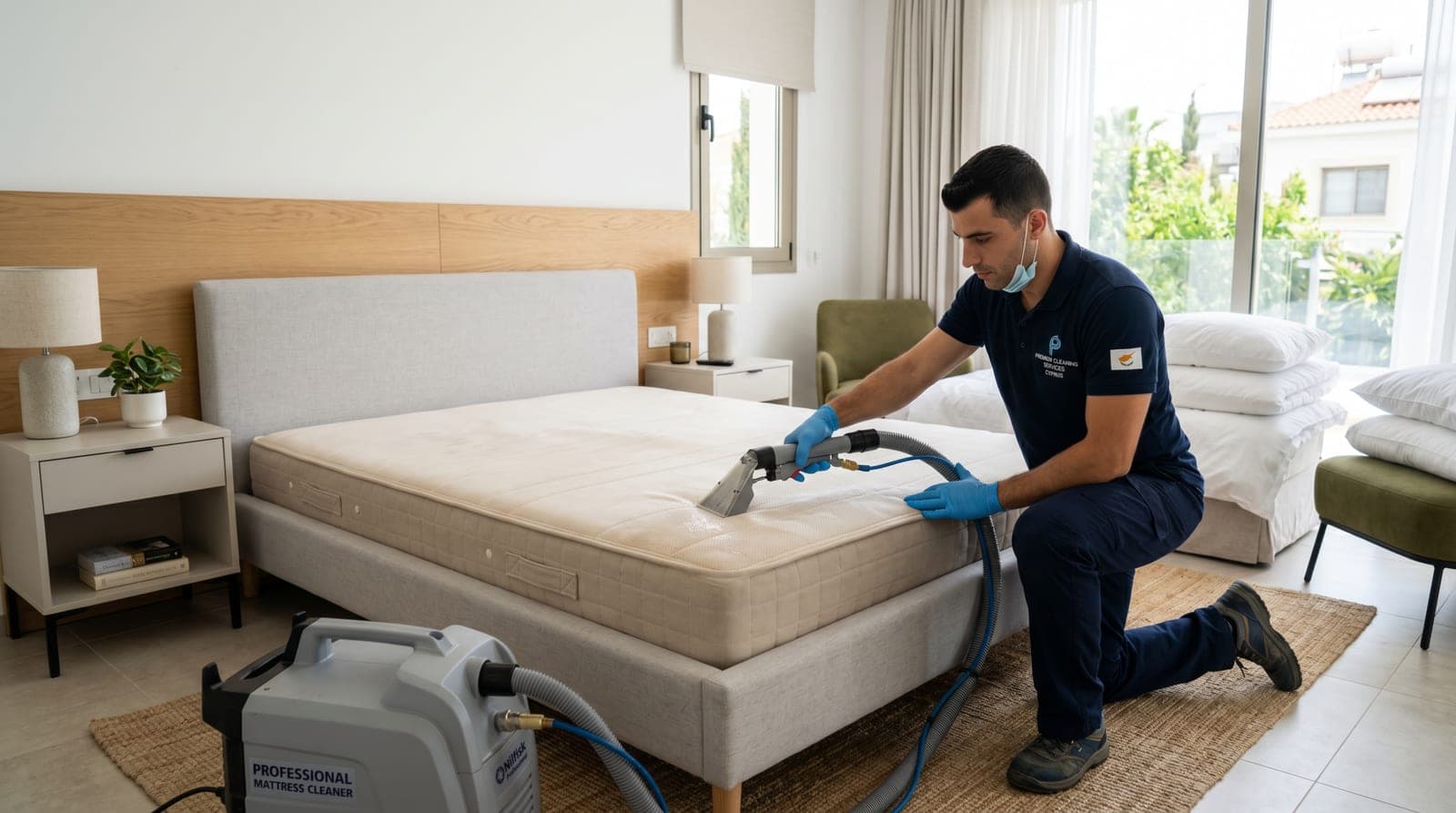 Mattress cleaning Tseri in a bright modern bedroom