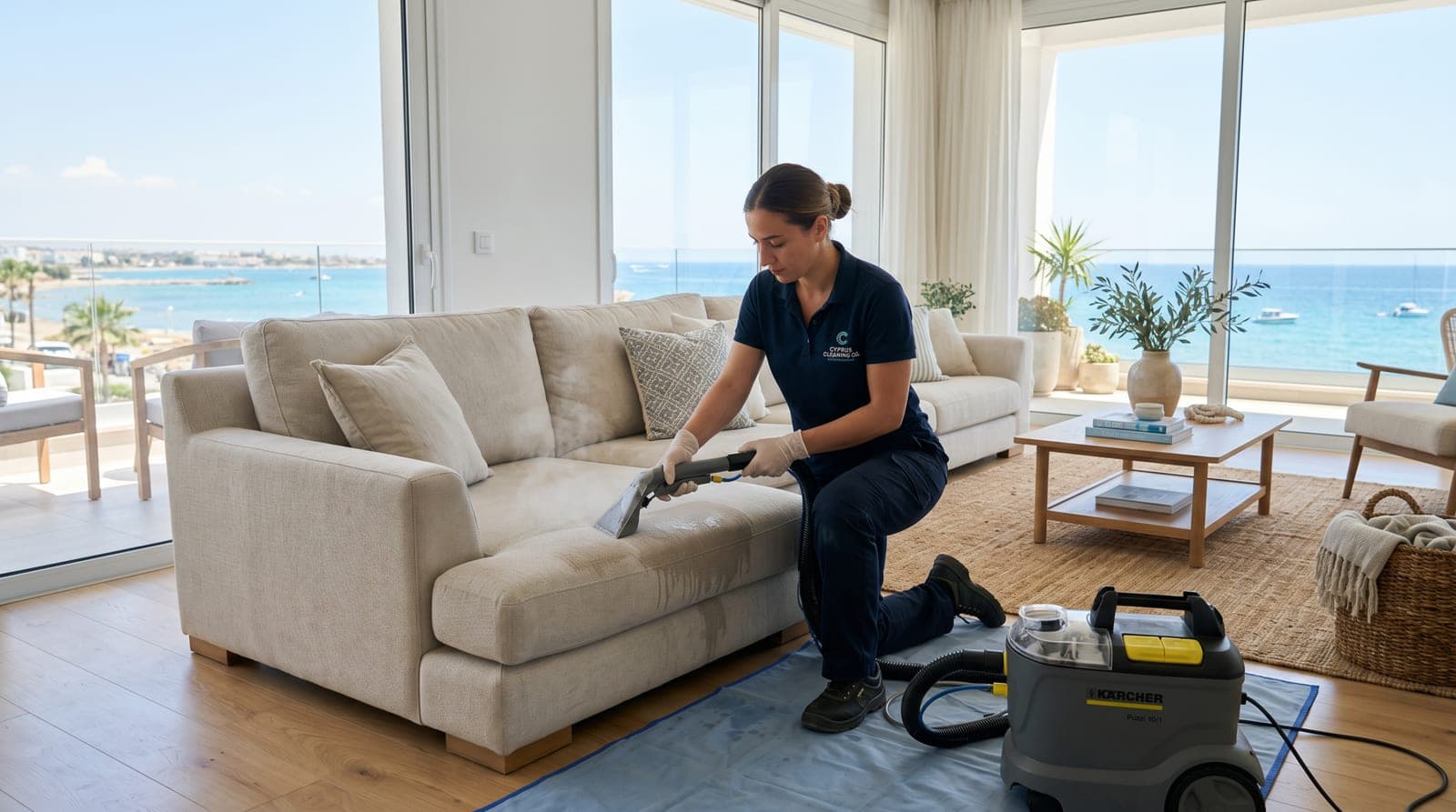 Sofa cleaning Larnaca in a bright coastal home