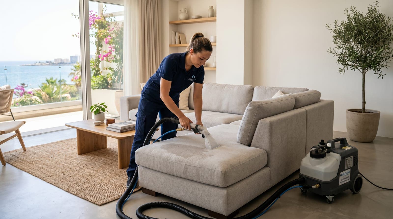 Cleaner deep cleaning a fabric sofa inside a modern home