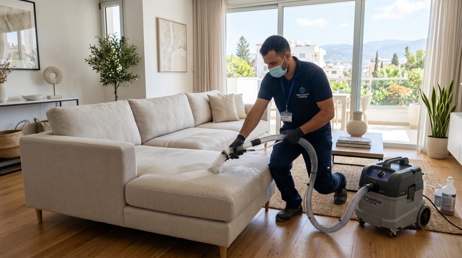 Professional sofa cleaning service in Nicosia inside a modern home