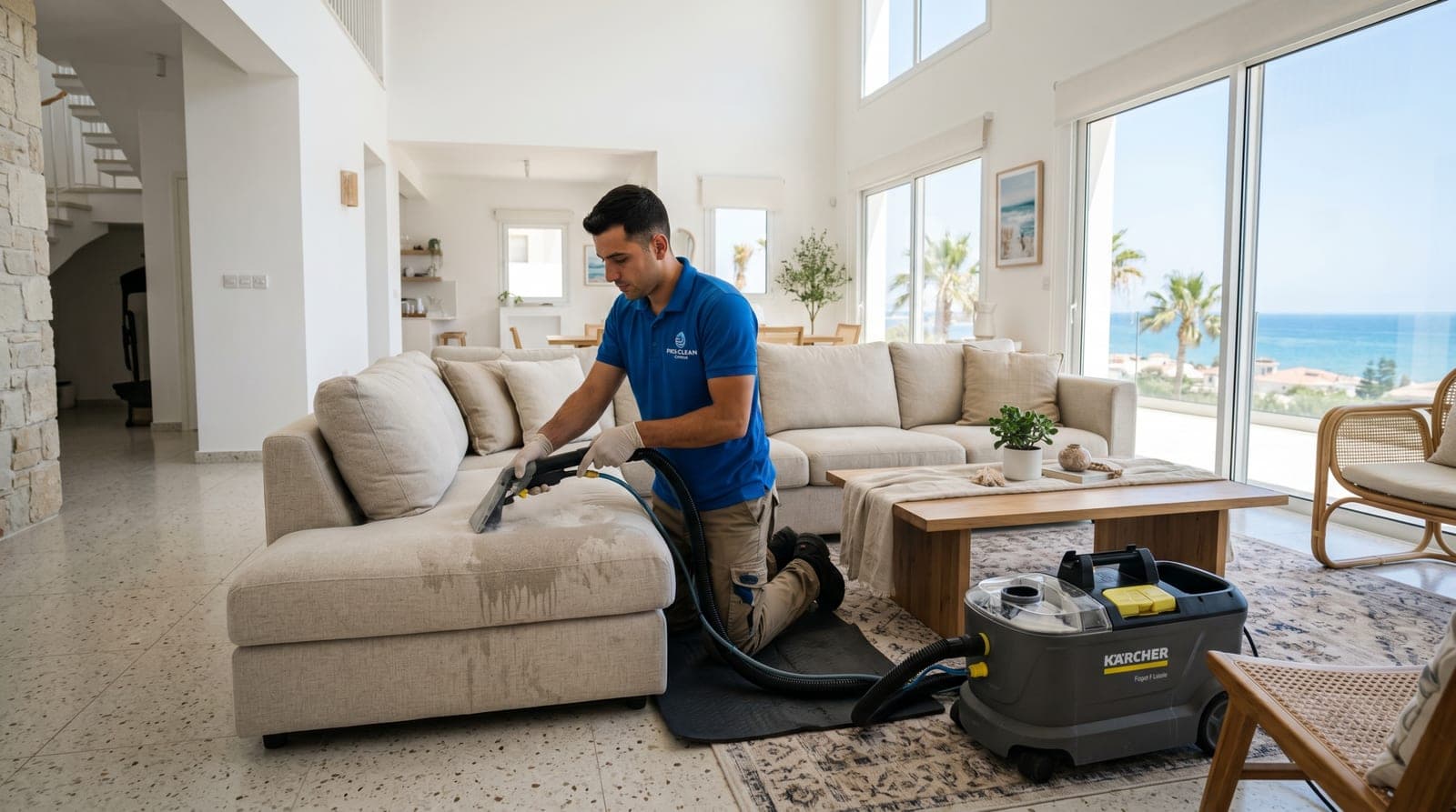 Professional sofa cleaning service in Oroklini inside a bright coastal home