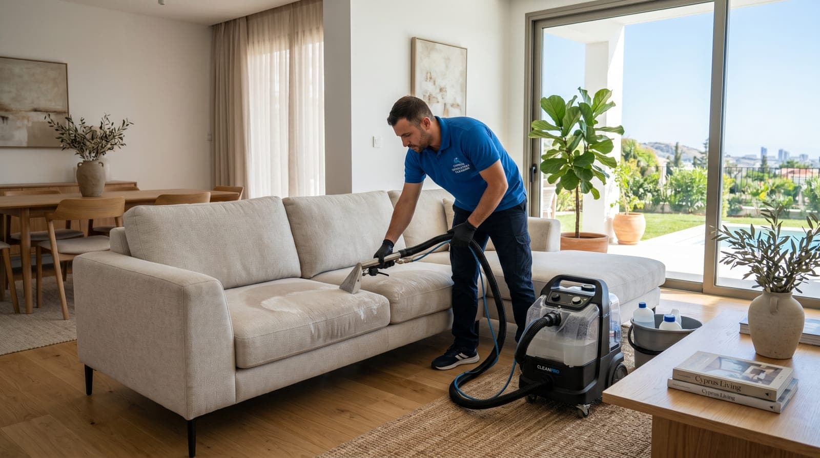 Professional upholstery cleaning service in Germasogeia inside a modern coastal home Prompt: