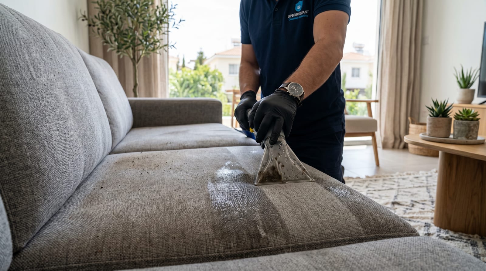 Professional deep upholstery cleaning of a fabric sofa in a Paphos home