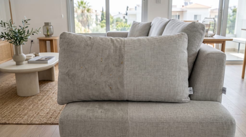 Before and after sofa cleaning results in a Limassol home