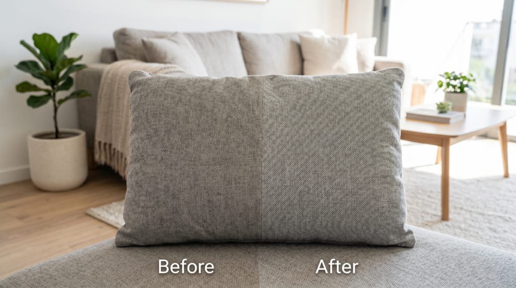 Before and after sofa cleaning results in a Nicosia home