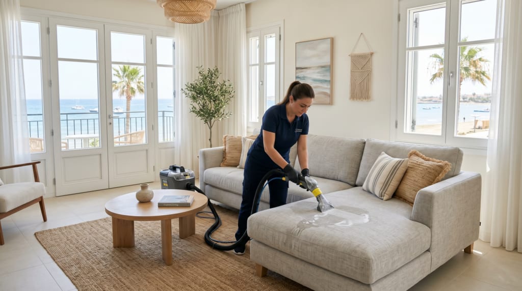Cleaner refreshing a fabric sofa in a coastal living room