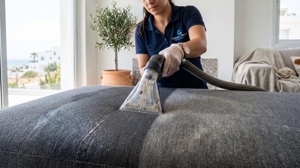 Upholstery cleaning tool extracting dirt from a sofa cushion