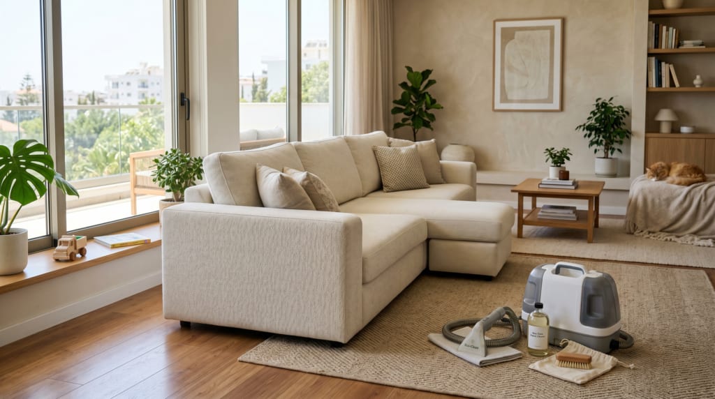 Eco-friendly sofa cleaning in a family home in Limassol with a freshly cleaned sofa