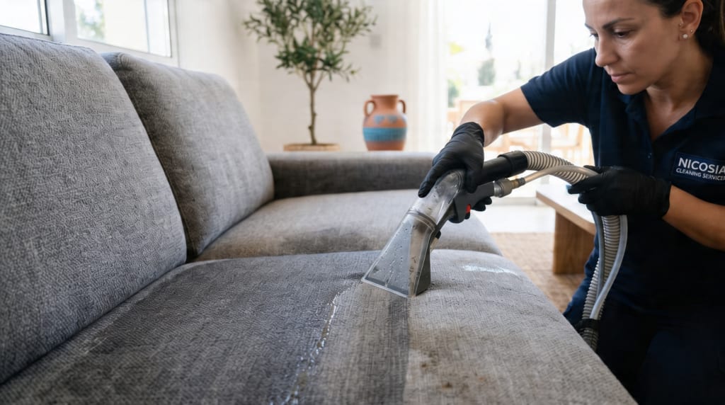 Professional deep sofa cleaning of a fabric sofa in a Nicosia home