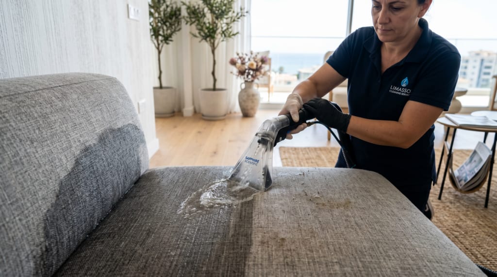 Professional deep sofa cleaning of a fabric sofa in a Limassol home