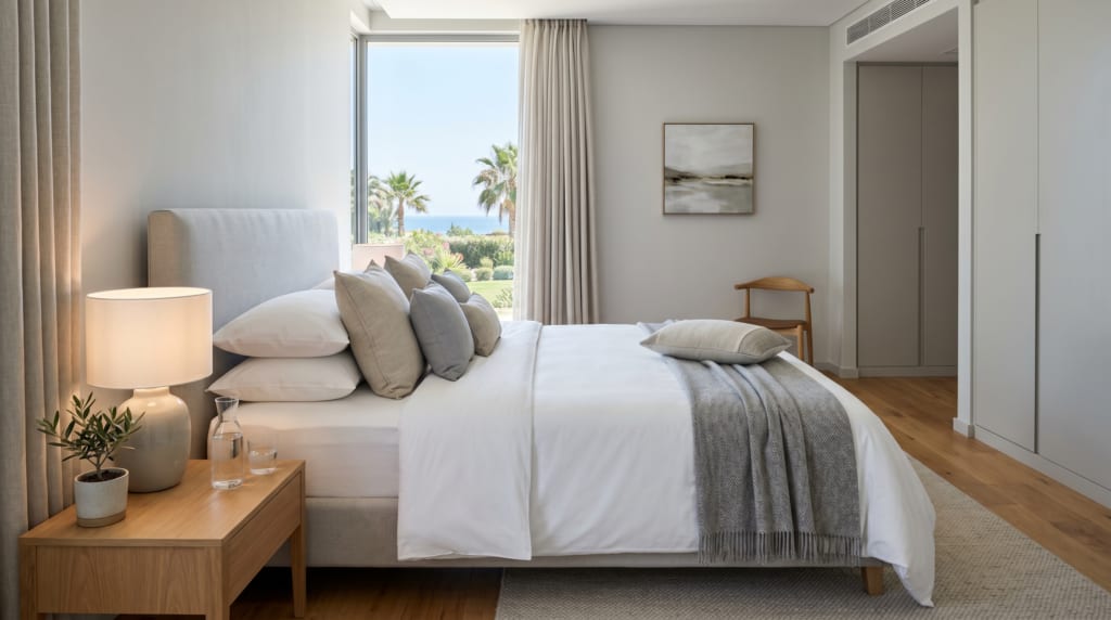 Clean bed in a bright modern bedroom