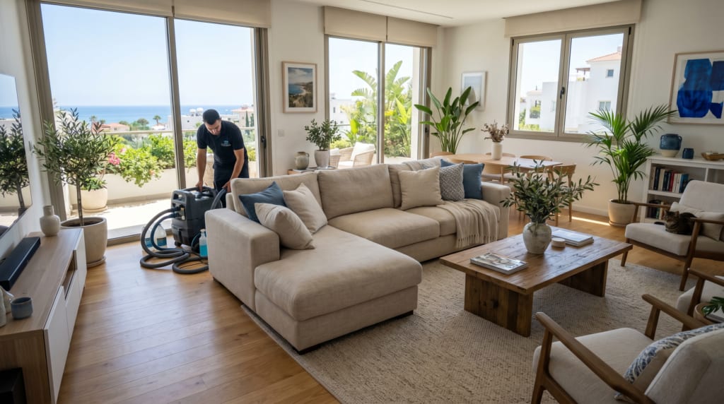 Professional sofa cleaning service in a family living room in Limassol