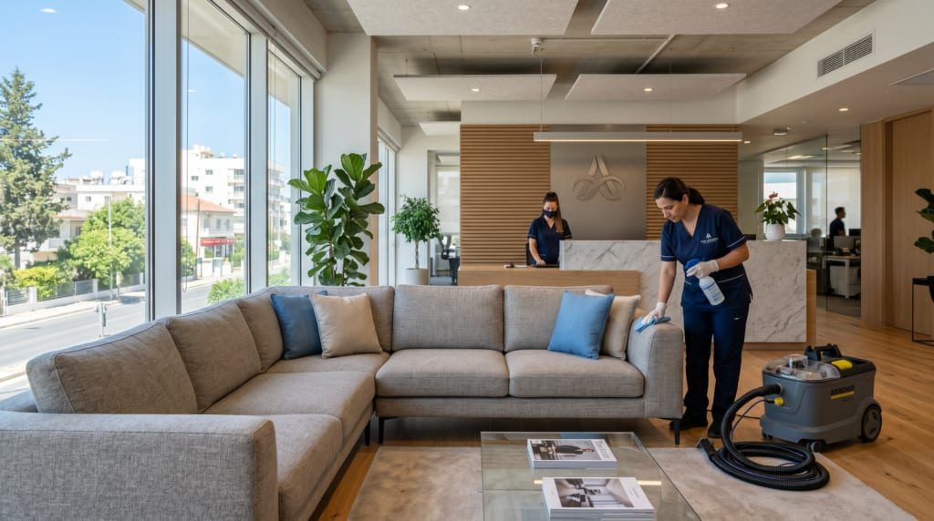 Professional sofa cleaning service in an office reception area in Nicosia