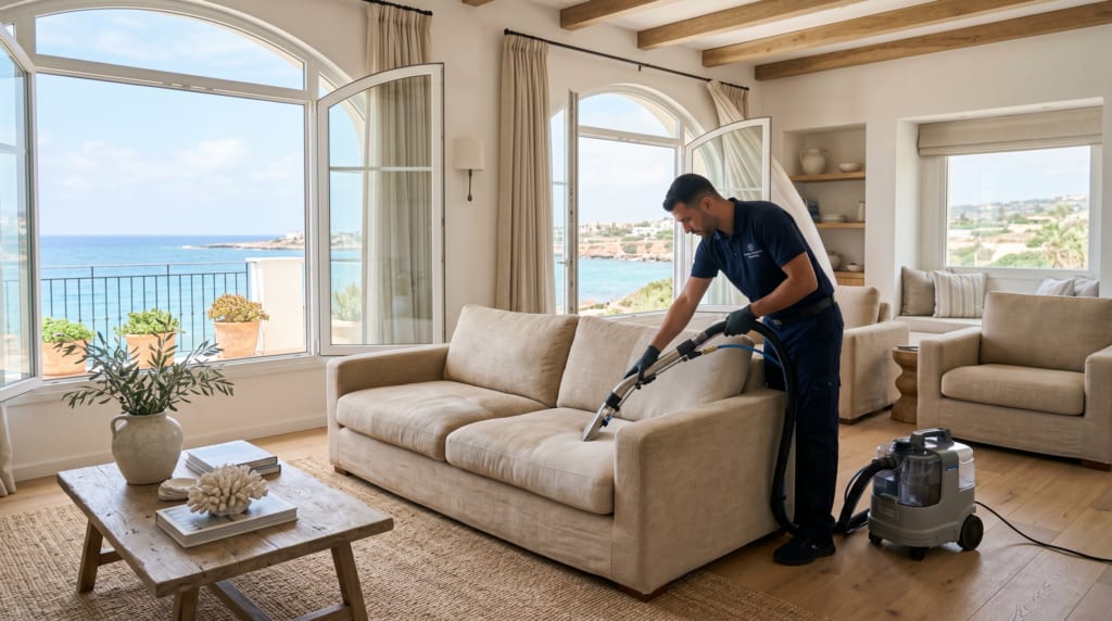 Upholstery cleaning service in a bright coastal home in Paphos