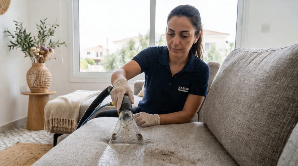Deep professional sofa cleaning of a fabric sofa in an Oroklini home