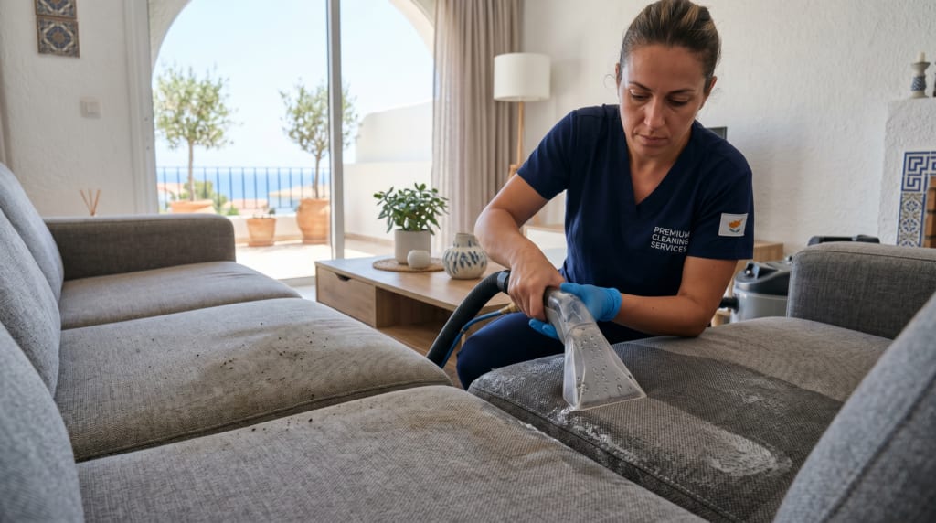 Deep professional sofa cleaning of a fabric sofa in a Paphos home