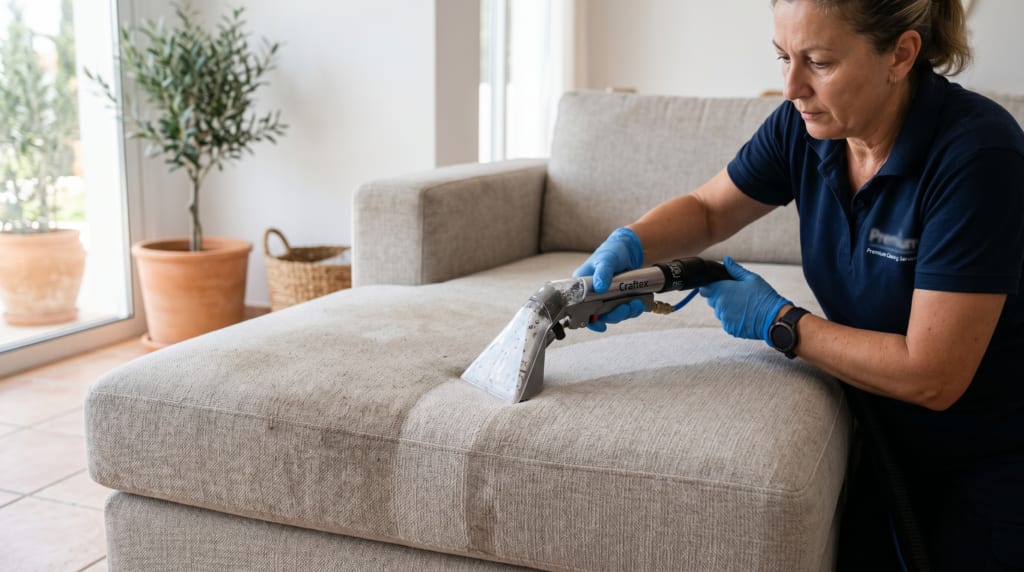 Professional deep upholstery cleaning of a fabric sofa in a Germasogeia home