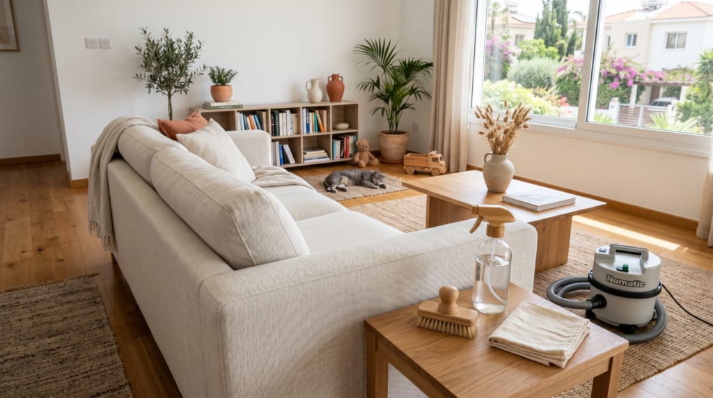 Eco-friendly upholstery cleaning in a family home in Germasogeia with a freshly cleaned sofa