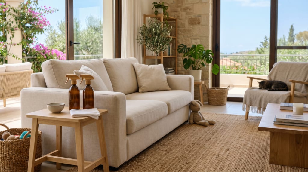 Eco-friendly upholstery cleaning in a family home in Paphos with a freshly cleaned sofa