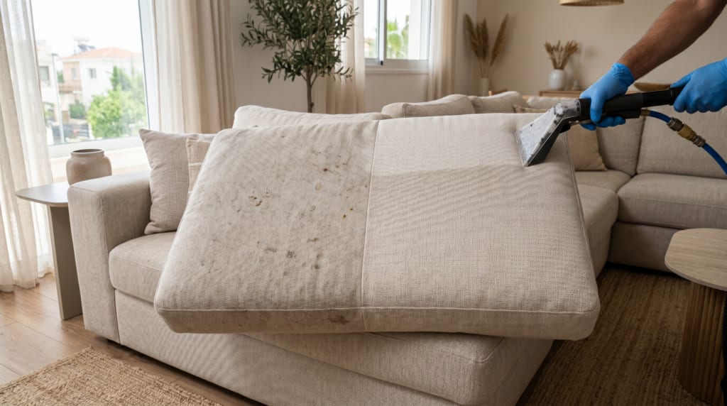 Before and after result on a light fabric sofa