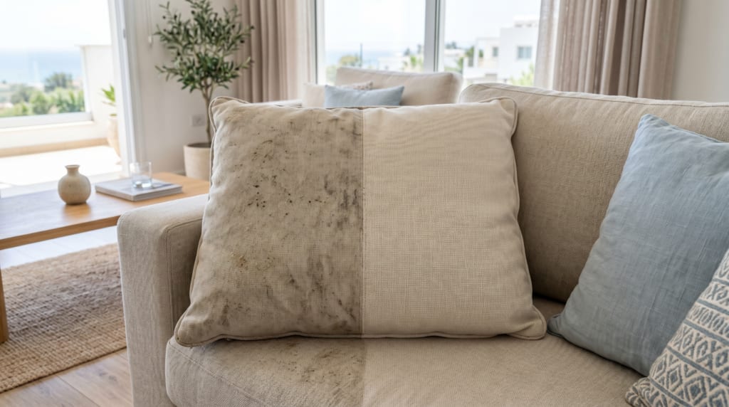 Before and after sofa cleaning results in a Paphos home