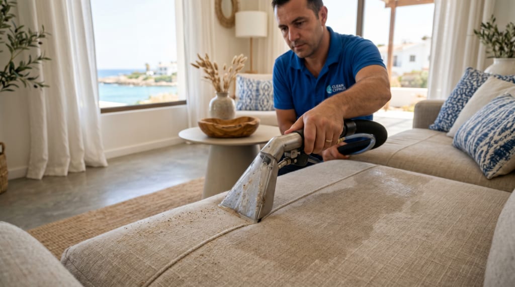 Professional sofa cleaning in Paphos removing sand and salt from fabric upholstery