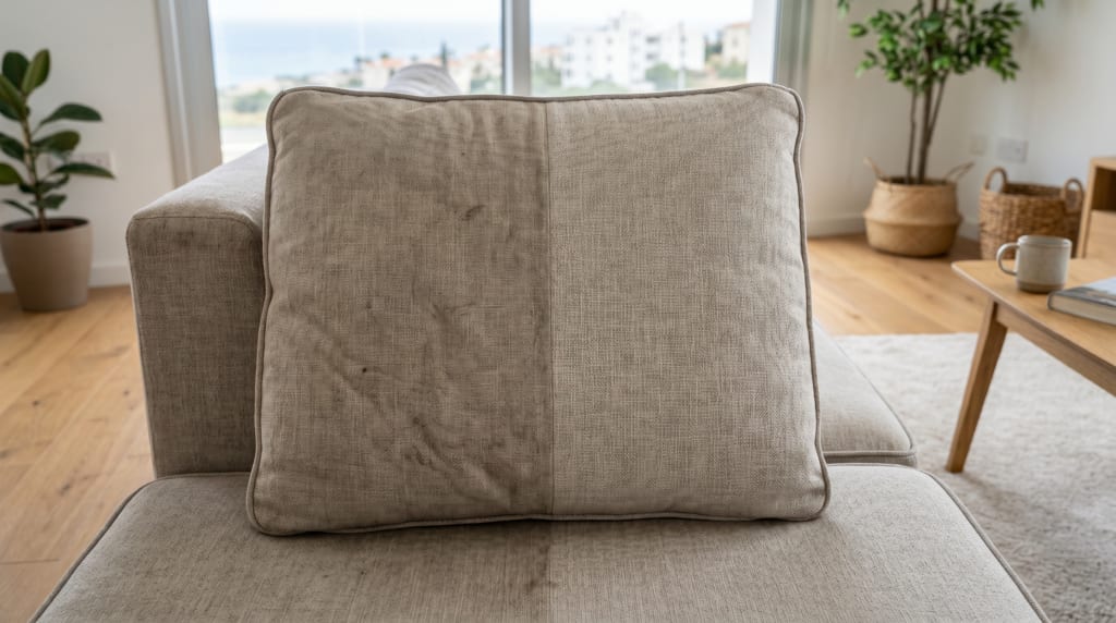 Before and after upholstery cleaning results on a sofa in Germasogeia