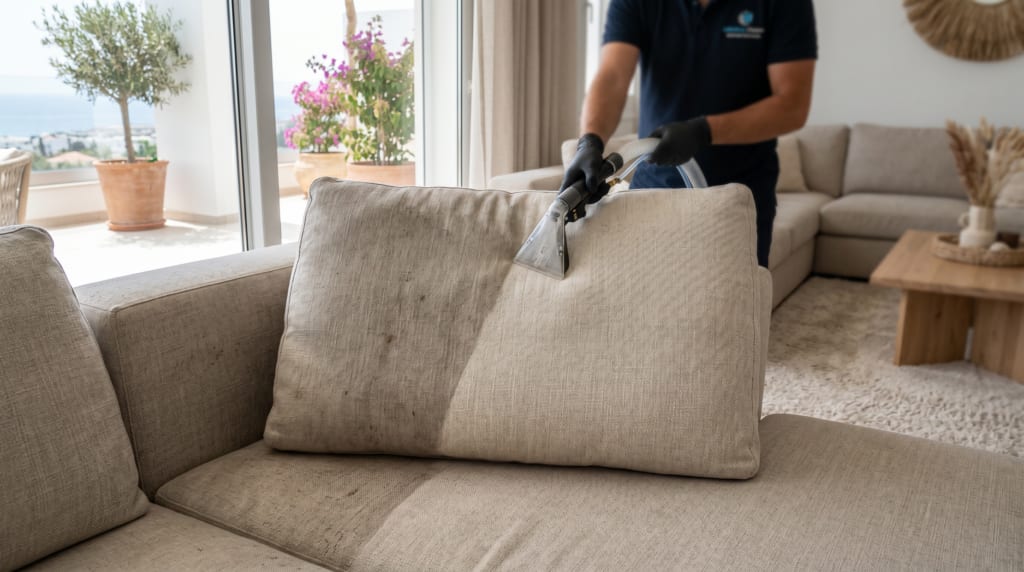Before and after upholstery cleaning results on a fabric sofa in Paphos