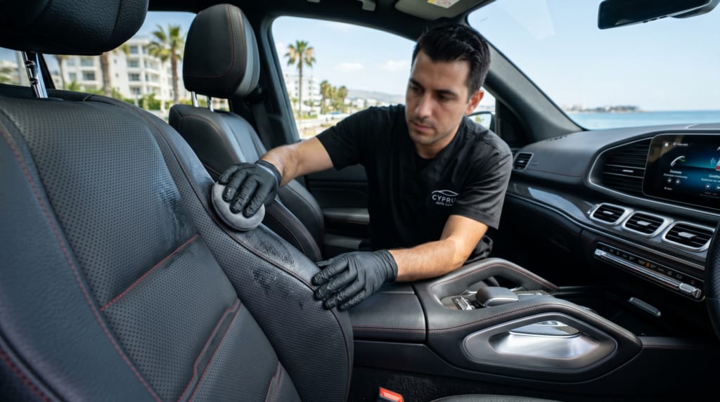 Leather car seat being professionally conditioned