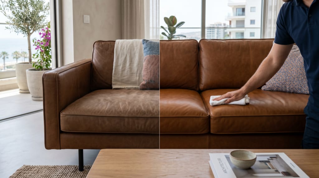 Before and after result on a leather surface