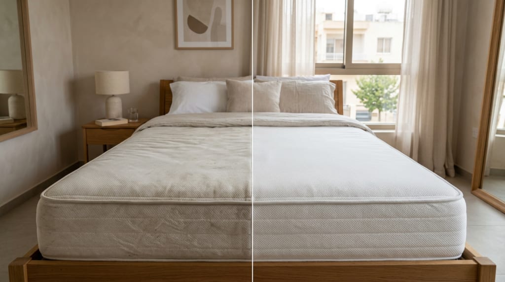 Before and after result on a mattress surface