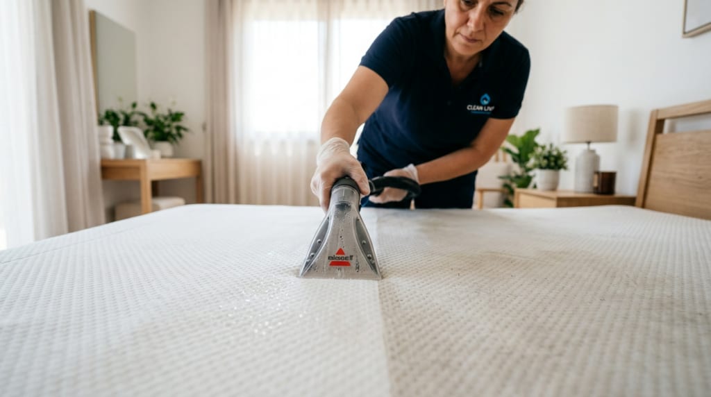 Cleaning tool deep cleaning a mattress surface