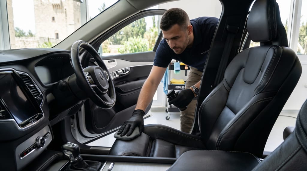 Leather car seat being cleaned by a technician