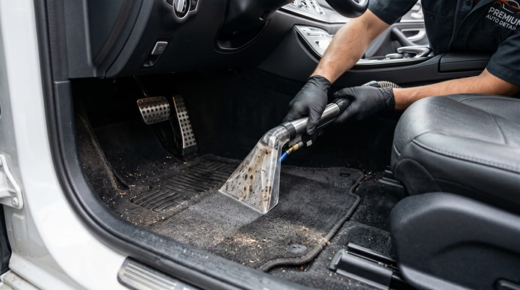 Car carpet and floor mat being deep cleaned