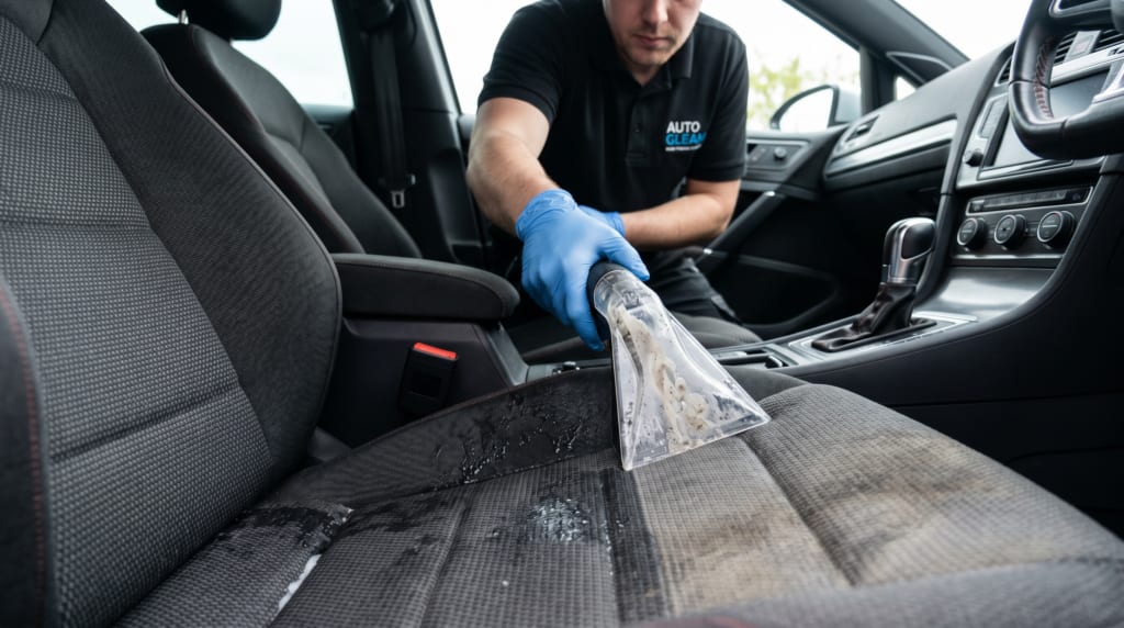 Technician cleaning a stained fabric car seat
