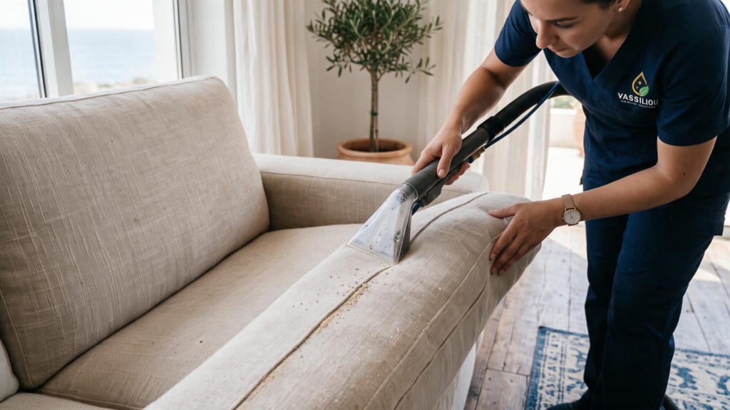 Cleaning tool removing sand from a fabric sofa