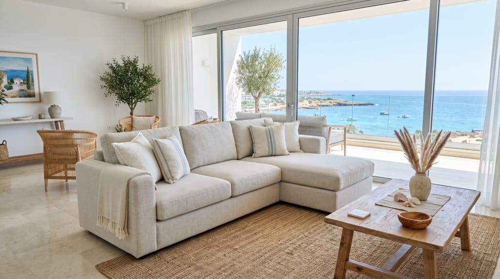 Clean sofa in a modern coastal home near the sea