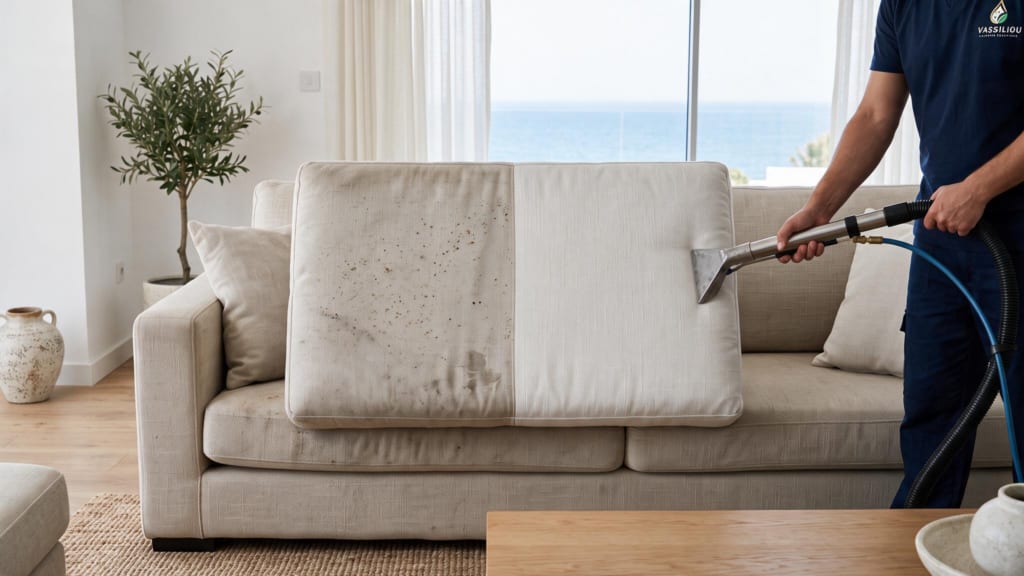 Before and after result on fabric sofa upholstery
