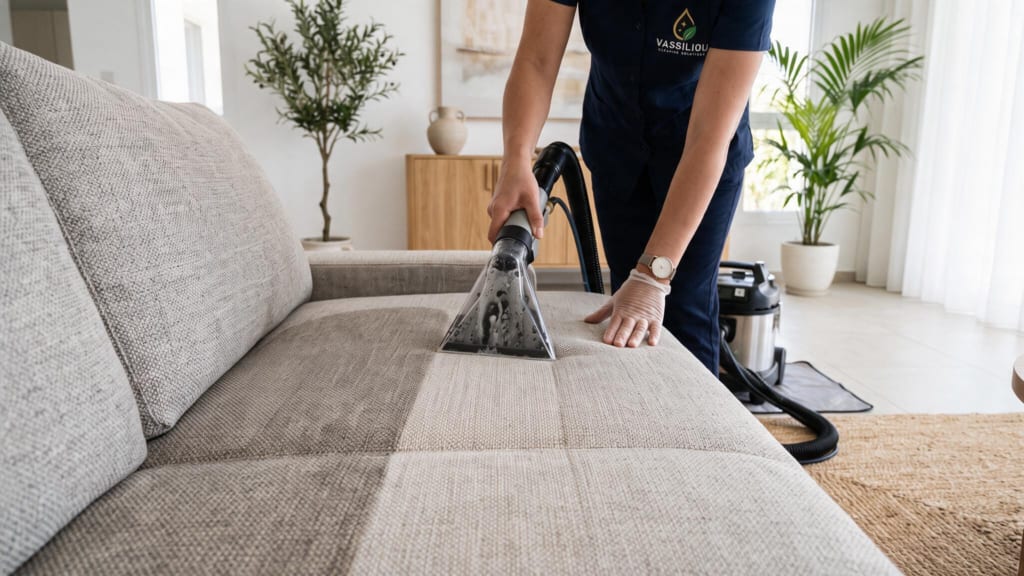 Technician cleaning a fabric sofa in a bright living room