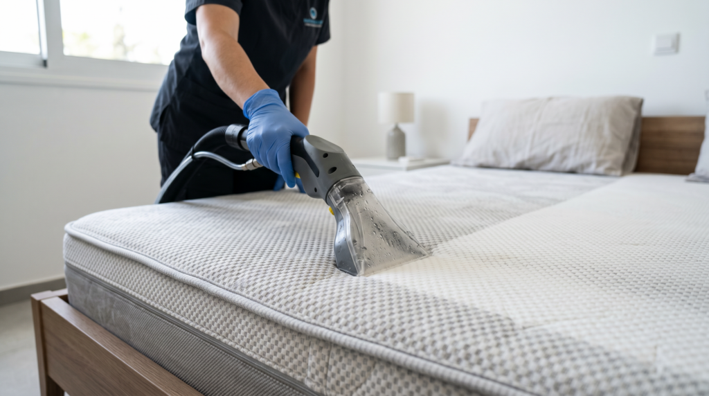 Upholstery cleaning tool deep cleaning a mattress surface