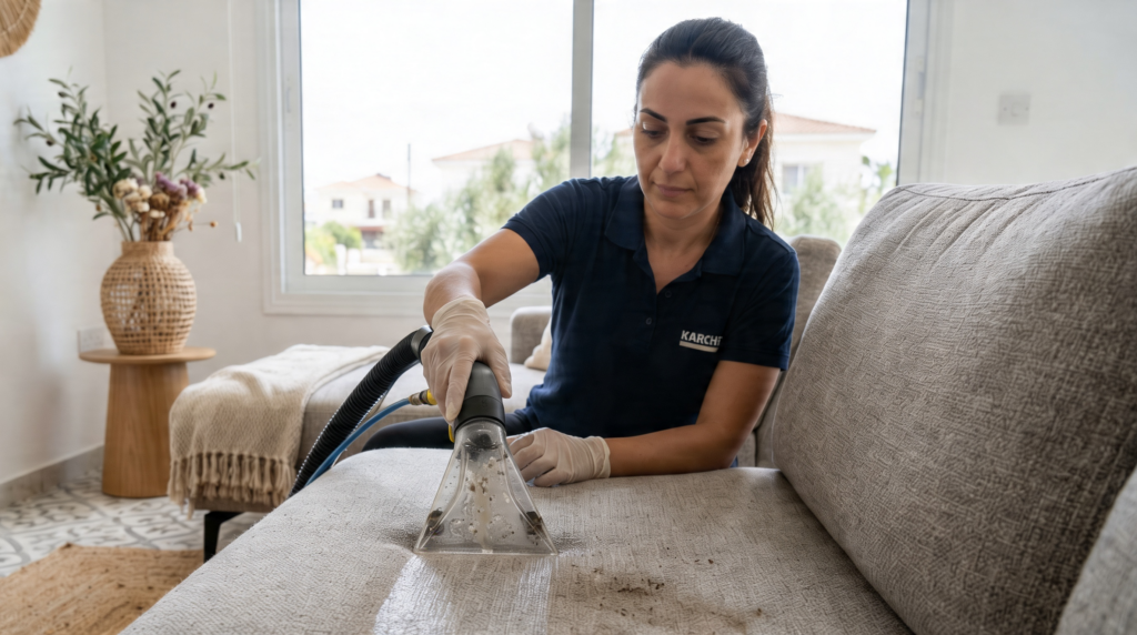 Deep professional sofa cleaning of a fabric sofa in an Oroklini home