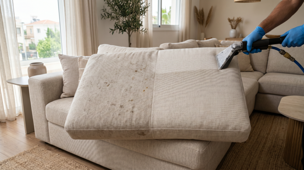 Before and after result on a light fabric sofa