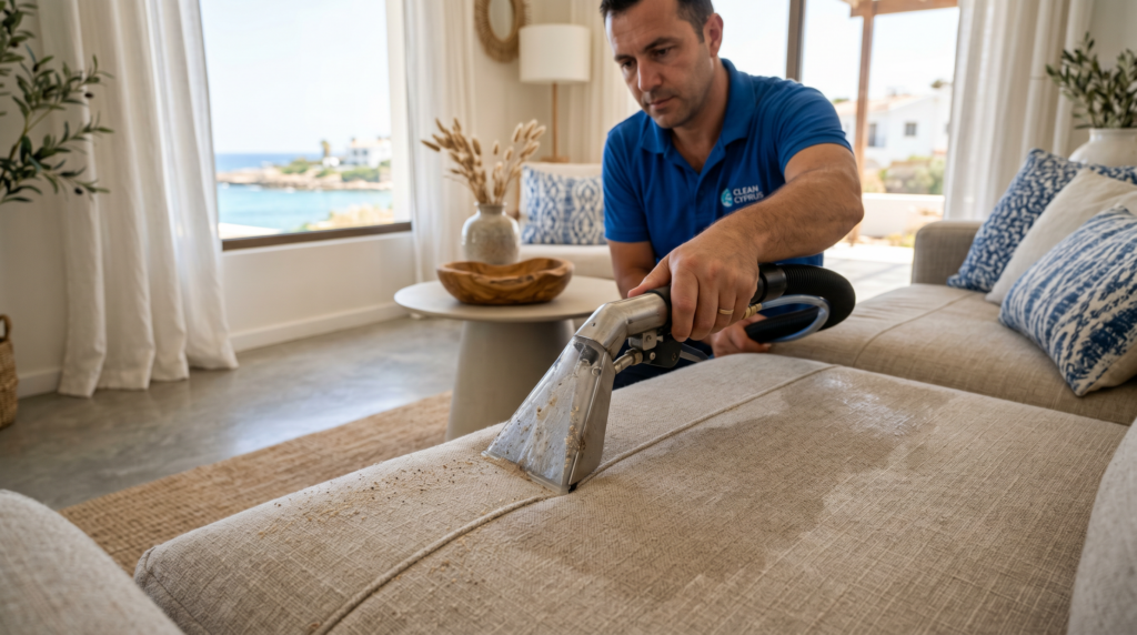 Professional sofa cleaning in Paphos removing sand and salt from fabric upholstery